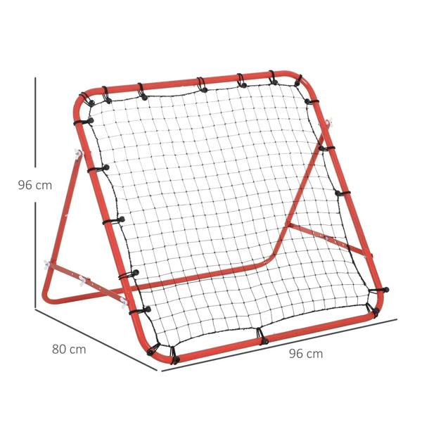 Red rebounder kickback goal with black grid net and foldable metal stand; size labels