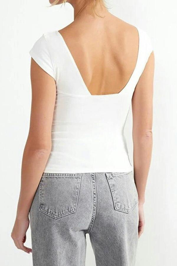 WOVCOR Heart Neckline Fitted Cotton Stretch Knit Blouse