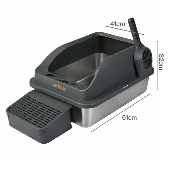 Skylos Stainless Steel Cat Litter Box Big Cats Kitten High Sided Easy Clean Grey