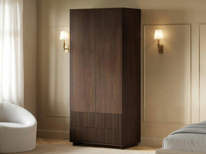 SOLACE+CO Velmor Ribbed Double Wardrobe with Drawers Oak - Walnut