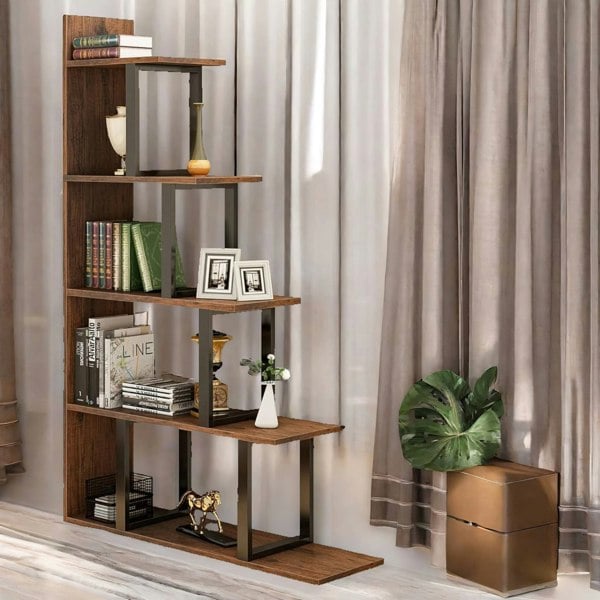 Rafaelo Mobilia 5 Tier Stepped Book Shelf Industrial Rustic Brown