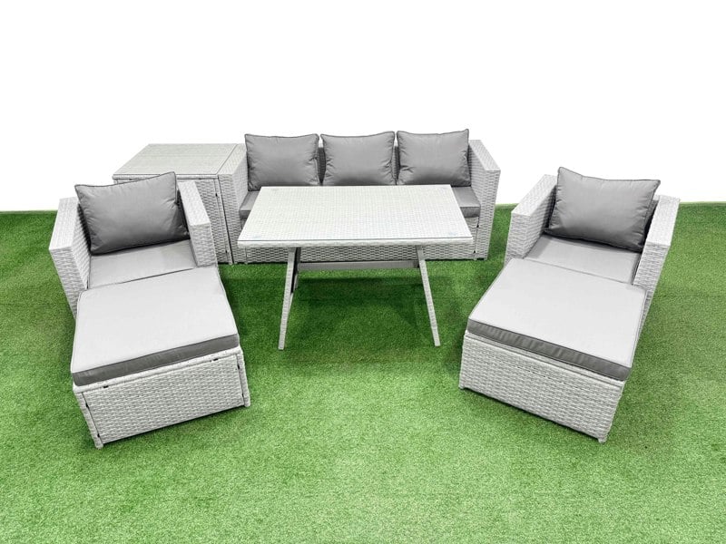 Fimous 8 Pieces Outdoor PE Rattan Sofa Armchair Set Patio Garden Furniture Sets with Cushions Side Table 2 Big Stools Light Grey