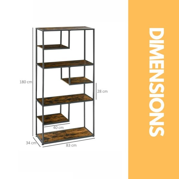 Rafaelo Mobilia 180CM Industrial 7 Tier Bookcase Rustic Brown