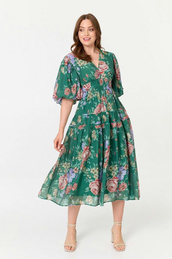 Green | Floral Puff 1/2 Sleeve Tiered Midi Dress
