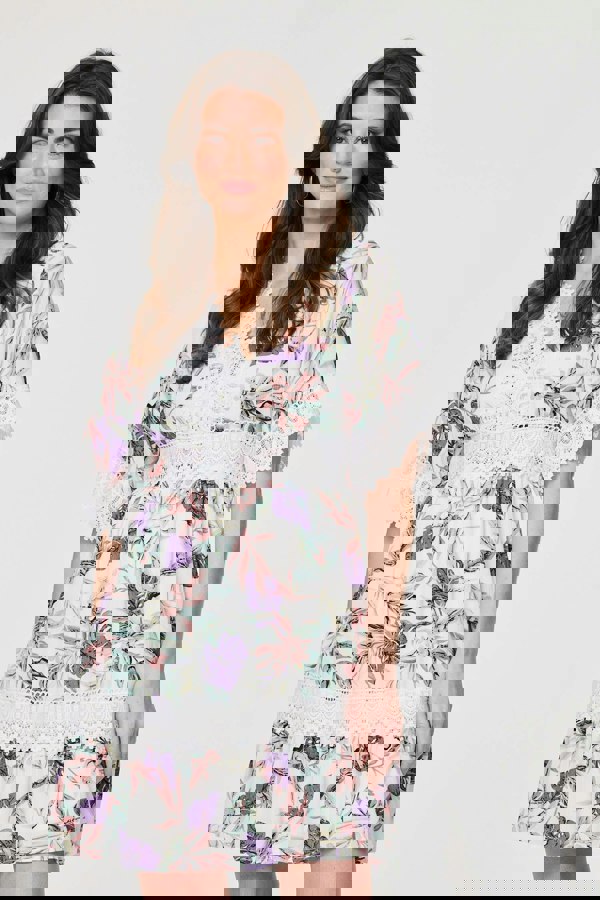 White | Leaf Print Lace Trim Short Dress