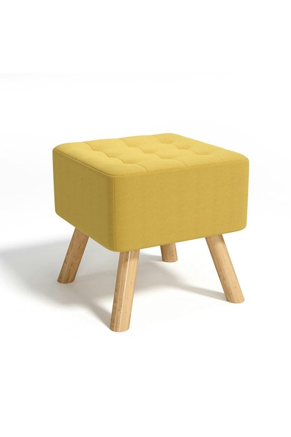 Living and Home Bright Yellow Linen Padded Wooden Leg Square Footstool