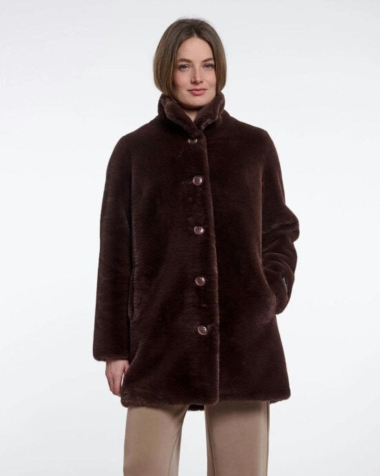Rino & Pelle Nonna Womens Single Breasted Faux Fur Coat - Coffee Roast