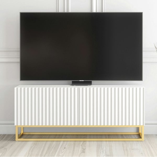 Mex Furniture White TV Unit with Gold Base 100cm – Fluted Fronts & Push-Down Doors