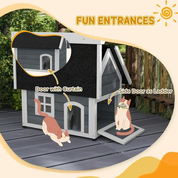 Grey wooden cat house with arched entry and side door openings; window on front