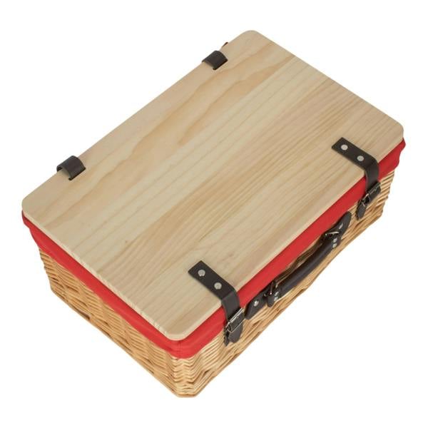Buff Red Lined Willow Picnic Basket with Pinewood Lid