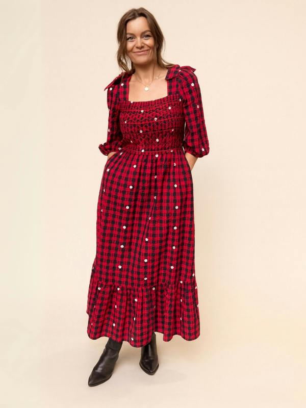 Rose & Nancy Steffi Red and Black Daisy Embroidered Check Maxi Dress