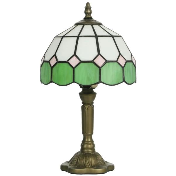 Art Deco stained glass table lamp with green and white shade, bronze base