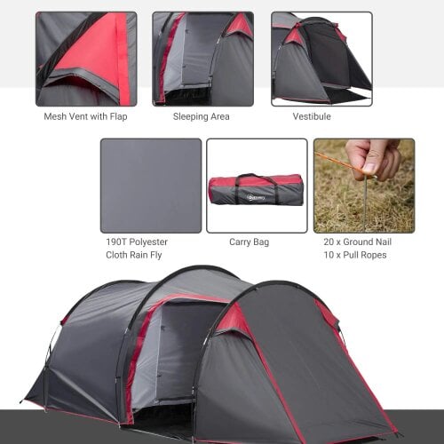 Bobobiy 2-3 Person Tunnel Tent with Sewn-in Groundsheet, 2000mm Water Column, Camping Tent with 1 Bedroom, Living Area for Camping, Grey