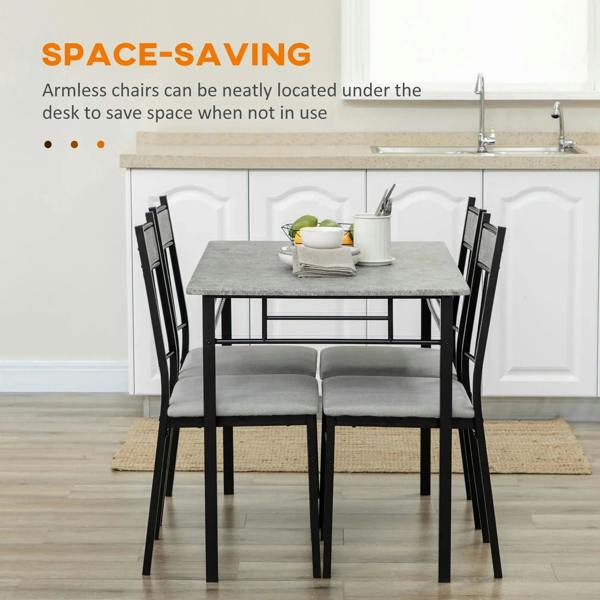 Dining table set with grey marble-effect tabletop and four dark armless chairs