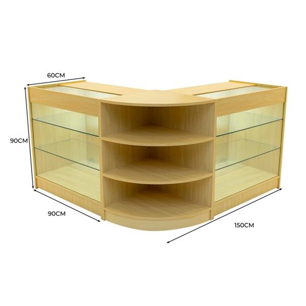 Maple Apollo LED shop counter set with curved design, glass shelves, and dimensions of 150cm x 90cm x 60cm, ideal for displays