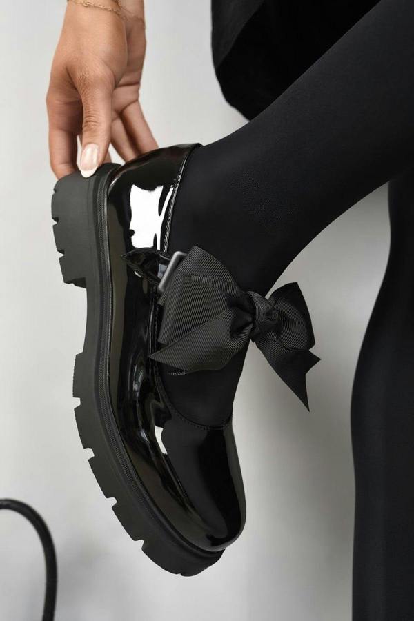 Taylee Chunky Sole Patent Ballet Flats With Bow Detail - Black