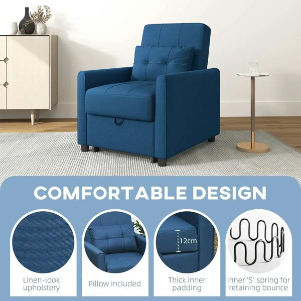Blue linen-look single chair bed with padded arms and tufted seat cushion in upright position