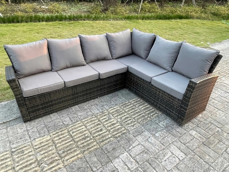 Fimous 8 Seater?Outdoor High Back Rattan Adjustable Rising Lifting Dining Table Corner Sofa Set Garden Furniture Set Dark Grey Mixed Right Hand