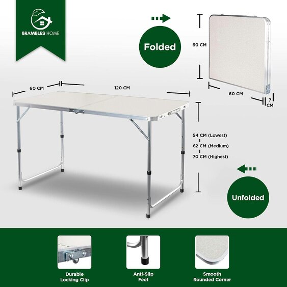 Brambles Home Portable Folding Table 4ft Adjustable Height Camping Table Foldable Outdoor Garden Table with Carry Handle