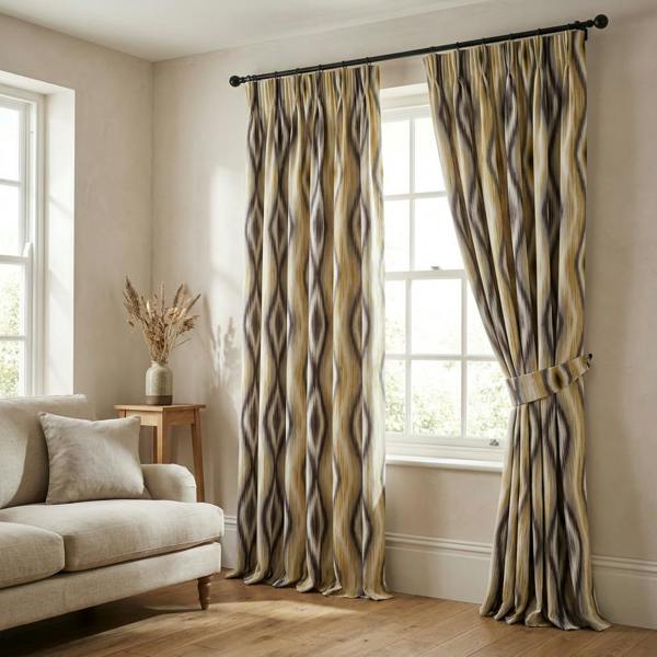 Nepal made-to-measure curtains in Ochre, styled in a living room