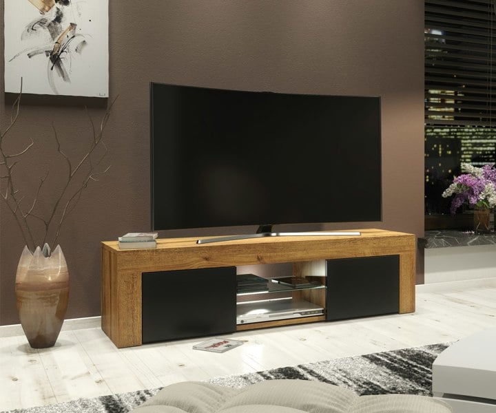 Mex Furniture 130cm Oak TV Unit Sideboard Cabinet with Black Matt Doors and Free LED Lights