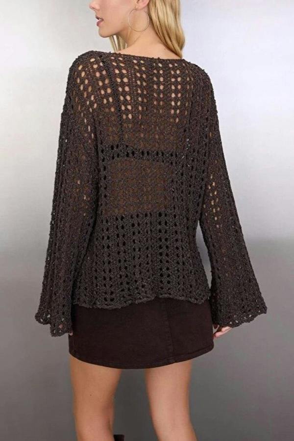 WOVCOR Openwork Boat Neck Knit Sweater
