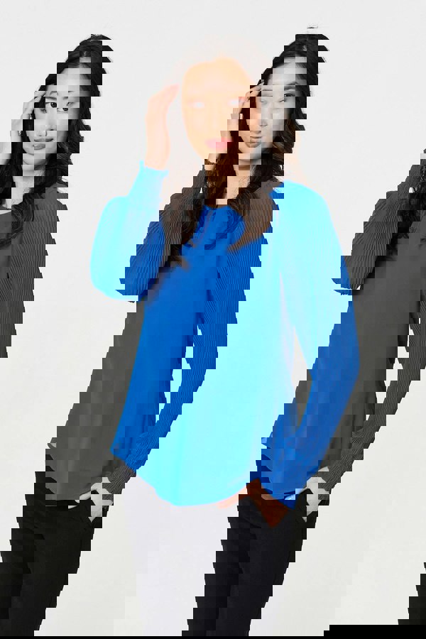 Blue | Keyhole Cut-Out Neck Long Sleeve Blouse
