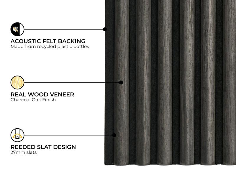 Fuse Acoustic Wooden Reeded Wall Panel in Charcoal Oak, 2.4m x 0.6m