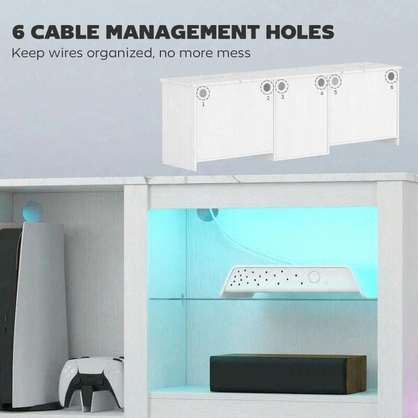 70in TV Stand, with LED Lights and Storage - White