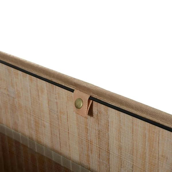 Natural wood laundry hamper close-up with mesh ventilation panel and fabric snap