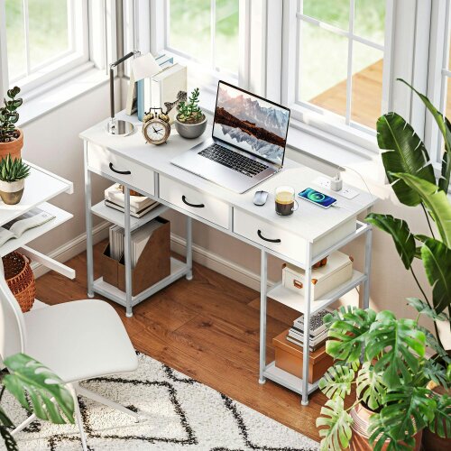 Wyld Haus Riba 120cm Wooden White Home Office Desk With Power Sockets 3 Fabric Drawers And Storage Shelves 120 cm