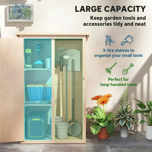 Natural wood storage shed with open door and 3-tier shelving for garden tools
