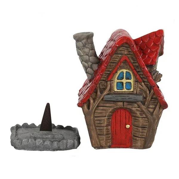Fairy house incense cone burner with red door and matching cone holder