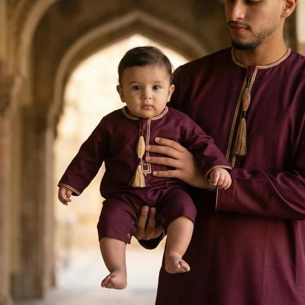TT-003 - Baby Toddler Emirati Omani Gold Tassel Romper Thobe - Wine - Thobez - 2