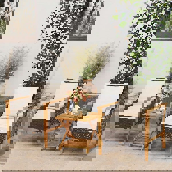 Rafaelo Mobilia Set of 3 Bistro Wooden Table And Wicker Chairs Natural Brown