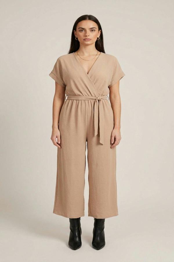 Nerina Wrap Short Sleeve Wide Leg Jumpsuit With Tie Waist - Mocha