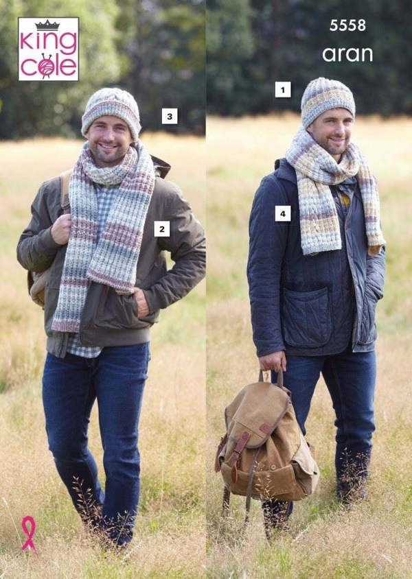 King Cole Drifter Aran Knitting Pattern 5558, Headwear, Scarves for Men, One Size