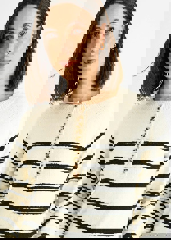 Gini London Cream Recycle Stripe Button Up Loose Fit Knit Jumper