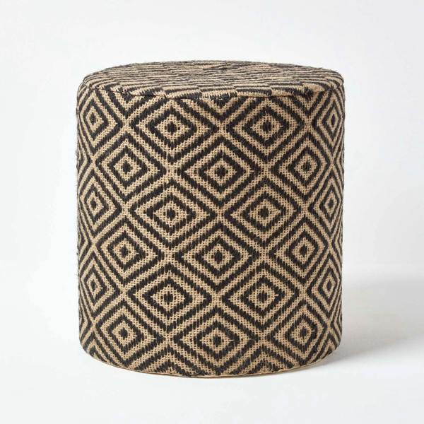 HOMESCAPES Jute Round Pouffe Black and Off-White Herringbone Pattern - 40 x 40 x 42 cm