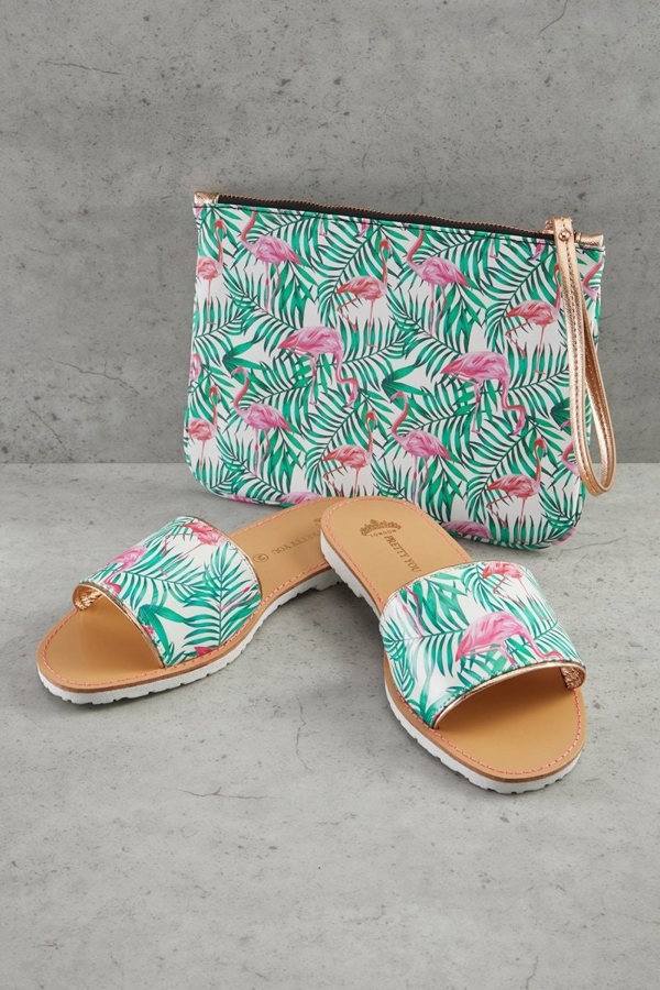 Flamingo Printed Slide and Clutch Set - Sandals