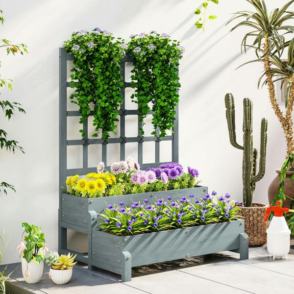 Outsunny 2-Tier Wooden Raised Bed with Trellis and Drainage Holes, Brown - Grey