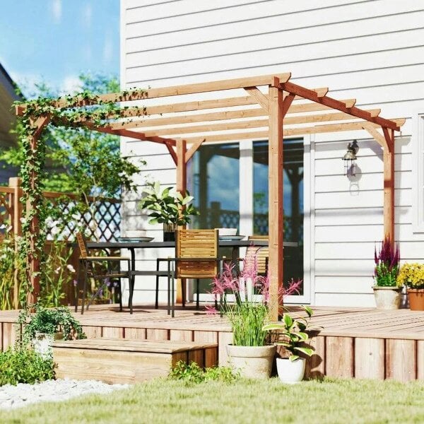 3 x 3 m Wooden Pergola Kit, Garden Pergola Gazebo Grape Trellis with Triangle Supports, 5 Beams, Maple Wood-effect