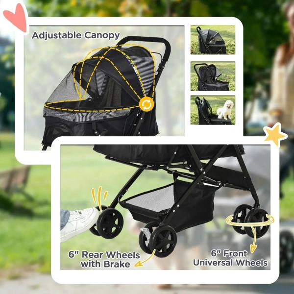 Black pet stroller with adjustable canopy, rear wheel brake and front universal wheels
