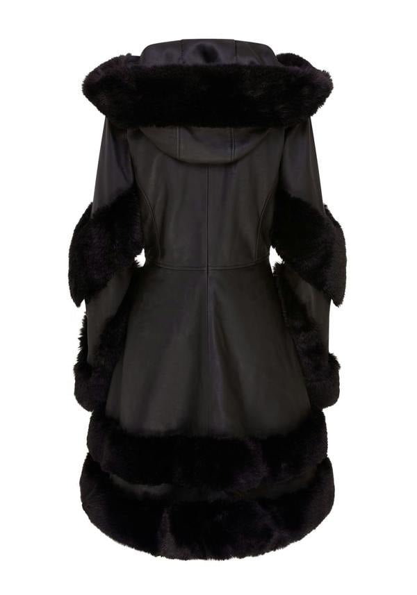 Infinity Leather Womens Flared Black Leather Hooded Cape Coat With Fur - Mandal