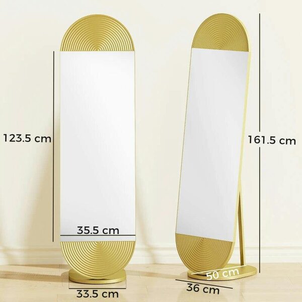 50 x 161 cm Wavy Full Length Mirror, Free Standing Mirror with Metal Frame and Solid Base, Gold Tone