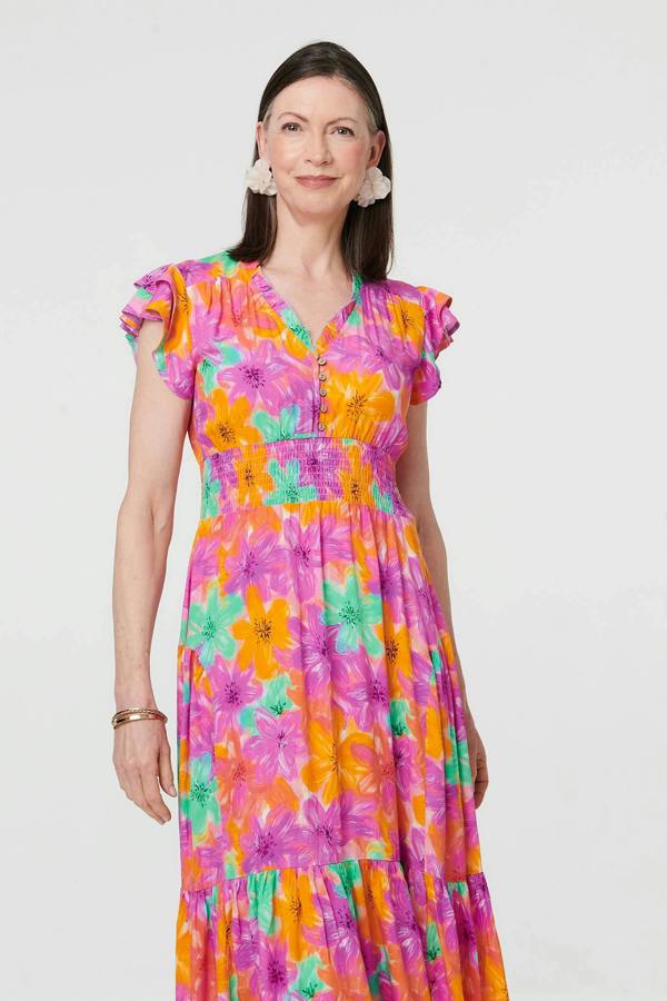 Red | Floral V-Neck Cap Sleeve Maxi Dress
