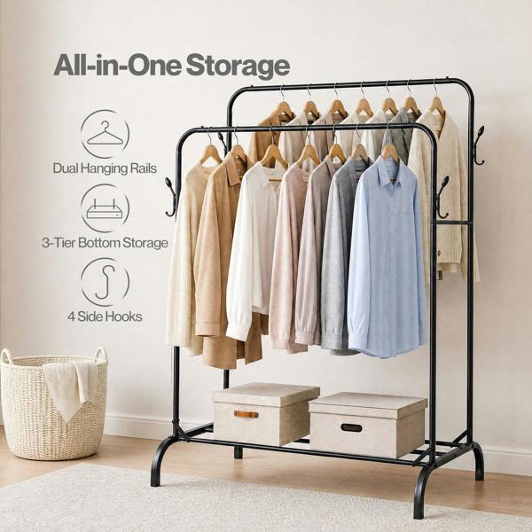 Levede Clothes Rail Heavy Duty 2 Rods Carbon Steel Rack with Shelf Bedroom Black