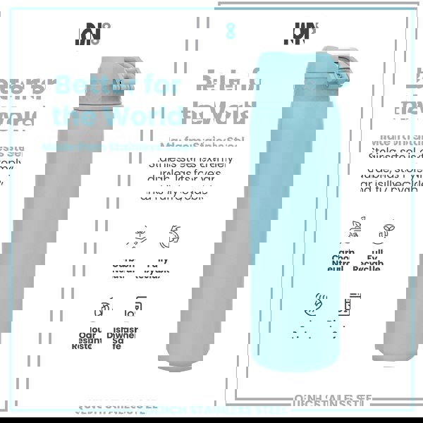 A light-blue stainless steel water bottle stands against a white background. It is made from stainless steel, is carbon neutral, fully recyclable, odour resistant and dishwasher safe.