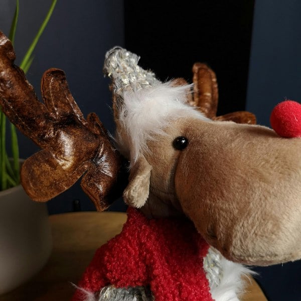 Samuel Alexander 38cm Plush Reindeer Christmas Decoration with Hat and Scarf in Grey