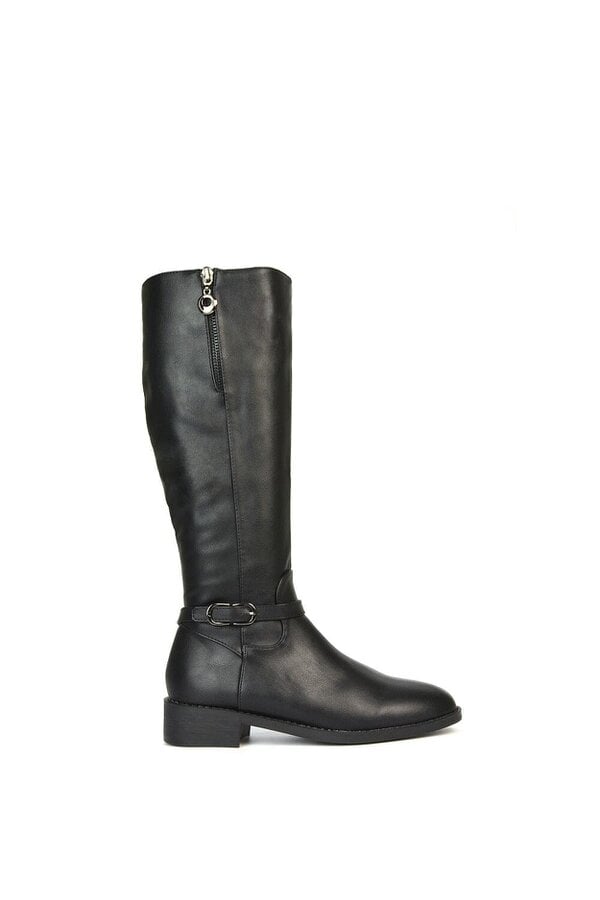 XY LONDON Knee High Boots Low Heel Zip Up Calf Riding Biker With Ankle Strap